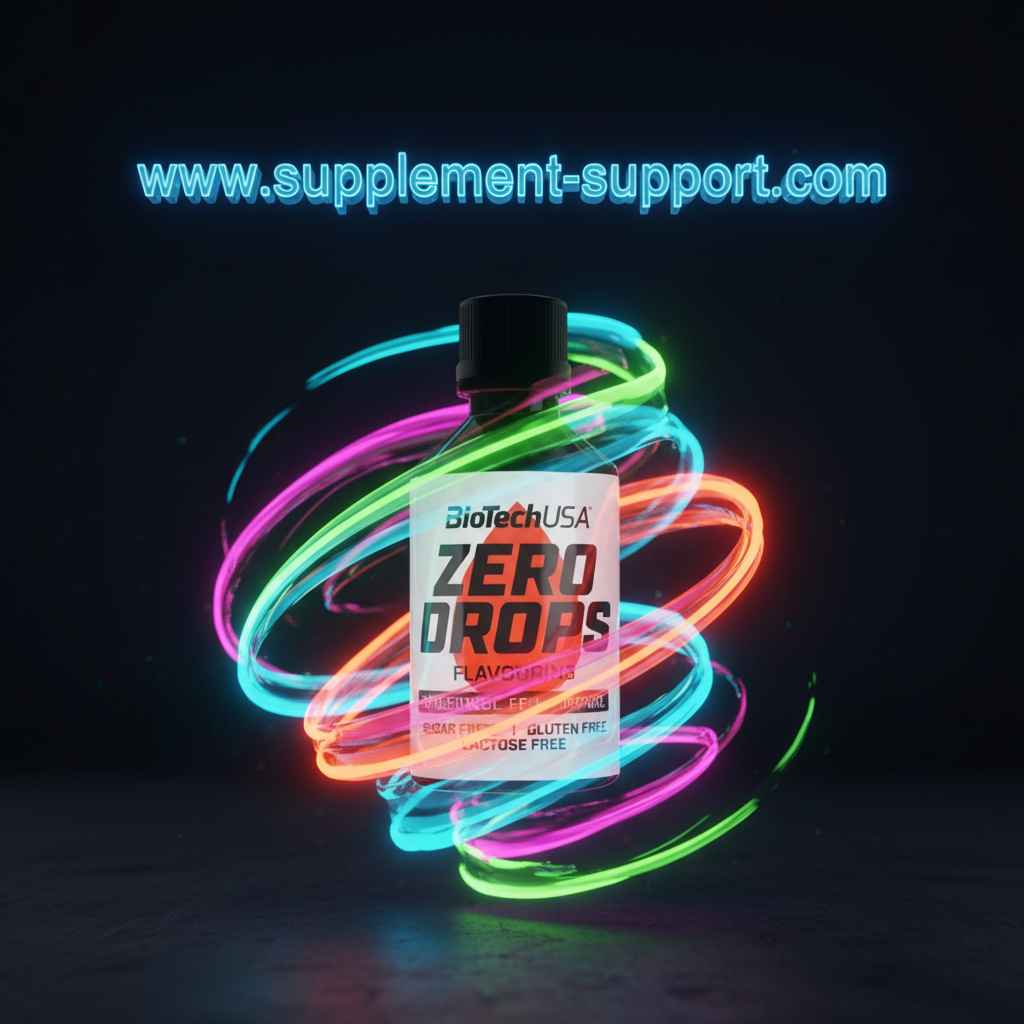 BiotechUSA Zero Drops Nahrungsergänzung in einer leuchtenden, farbigen Lichtspirale.