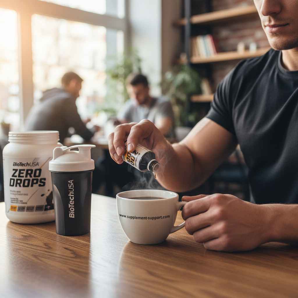 Mann mischt Nahrungsergänzungsmittel aus einer BioTechUSA Zero Drops Flasche in eine Kaffeetasse.