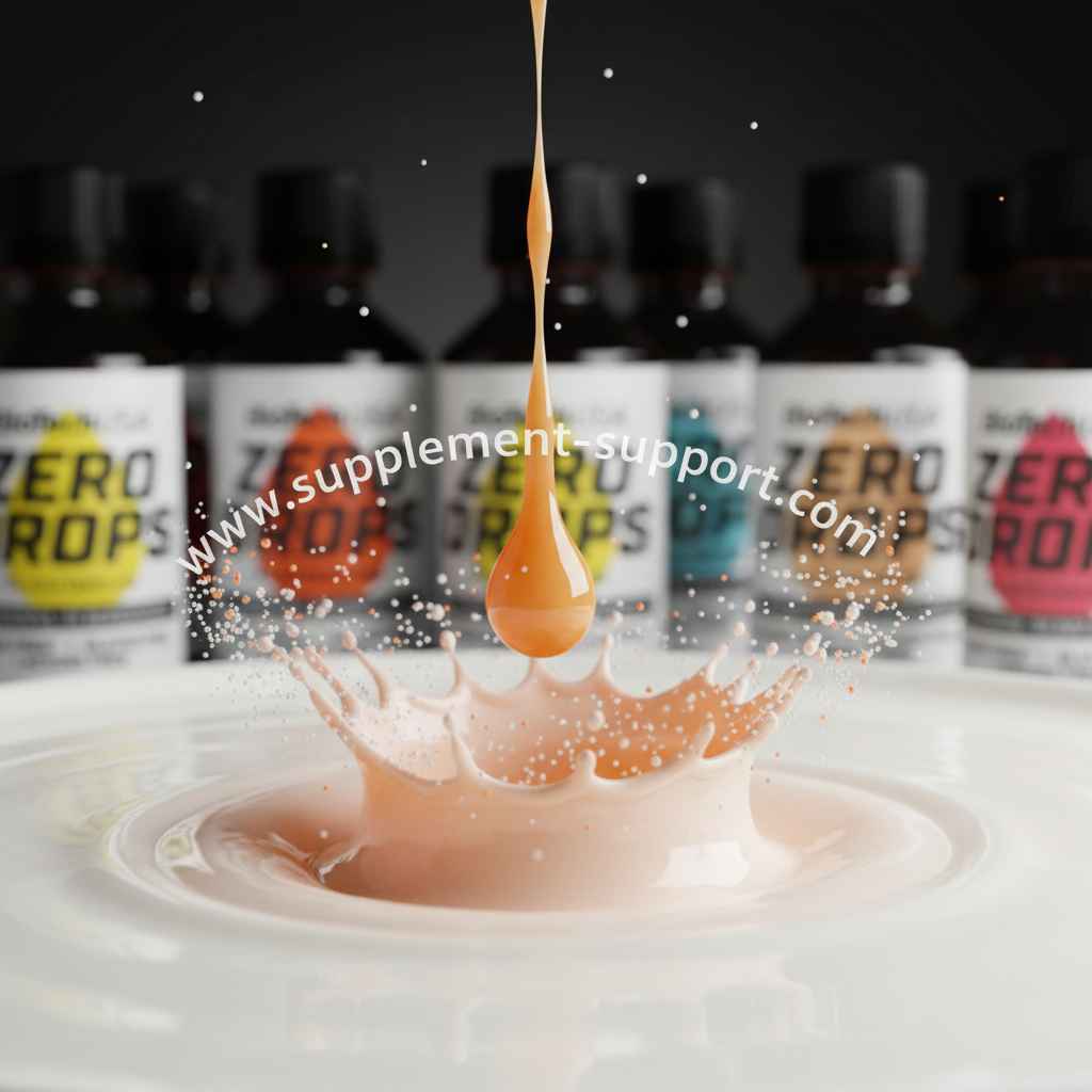 Ein Tropfen orangefarbener Flüssigkeit fällt in eine cremige Substanz mit Spritzern.