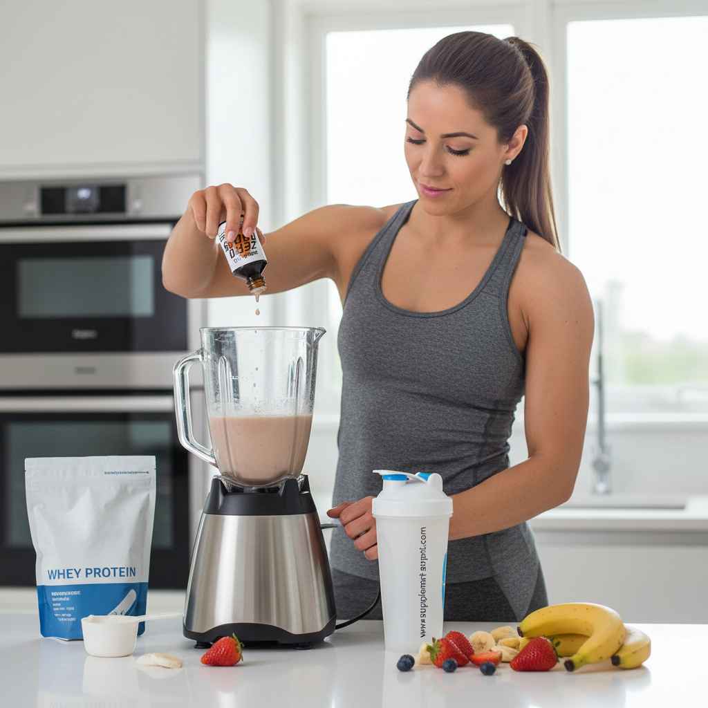 Sportliche Frau mischt Whey Protein mit Beeren und Bananen in einem Mixer.