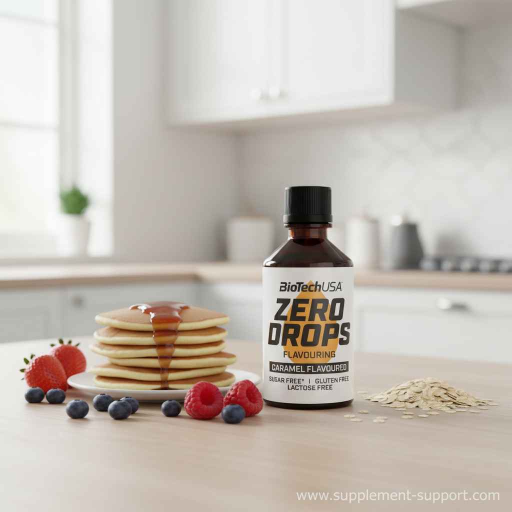 BiotechUSA Zero Drops Karamell-Geschmack neben Pfannkuchen in einer Küche.