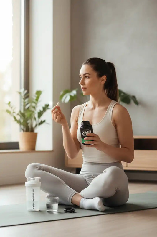 Frau nimmt ZMB Nahrungsergänzungsmittel ein, sitzt auf Yogamatte mit Shaker und Wasser, Fitness & Sportnahrung