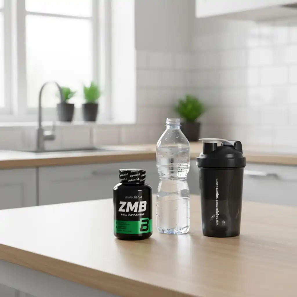 ZMB Nahrungsergänzungsmittel, Wasserflasche und Shaker auf Küchentheke für Sportler