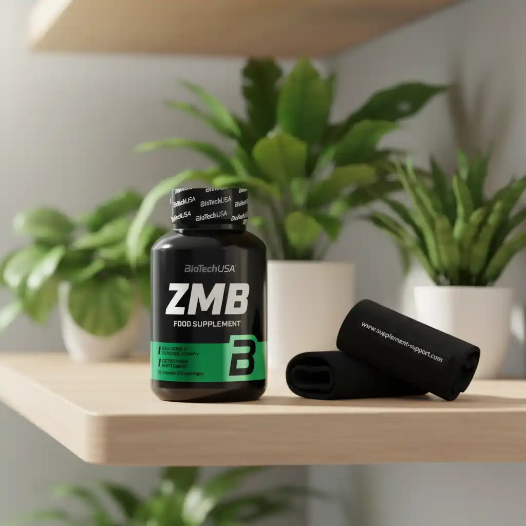 BioTechUSA ZMB Nahrungsergänzungsmittel für Sportler, ideal für Fitness und Training, mit grüner Etikette auf Holzregal
