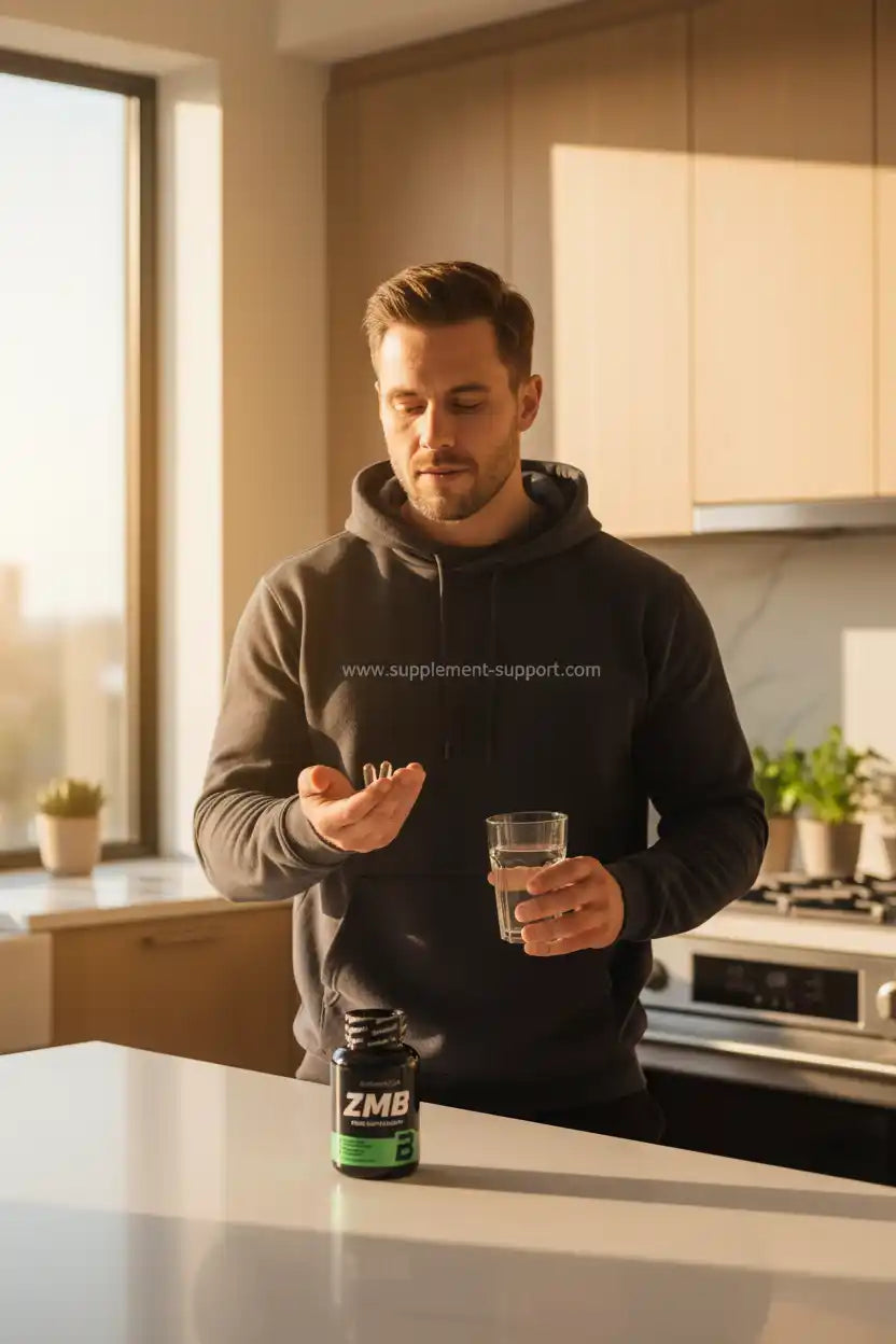 Mann nimmt ZMB Nahrungsergänzungsmittel mit Wasser ein – ideal für Sportler & Fitness