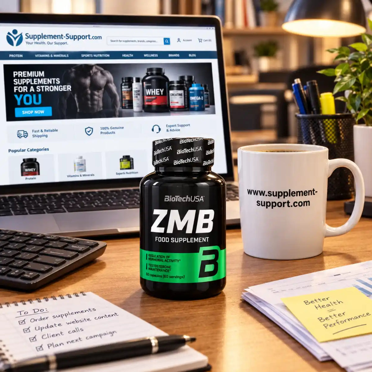 BioTech USA ZMB Nahrungsergänzungsmittel auf einem Schreibtisch vor einem Laptop