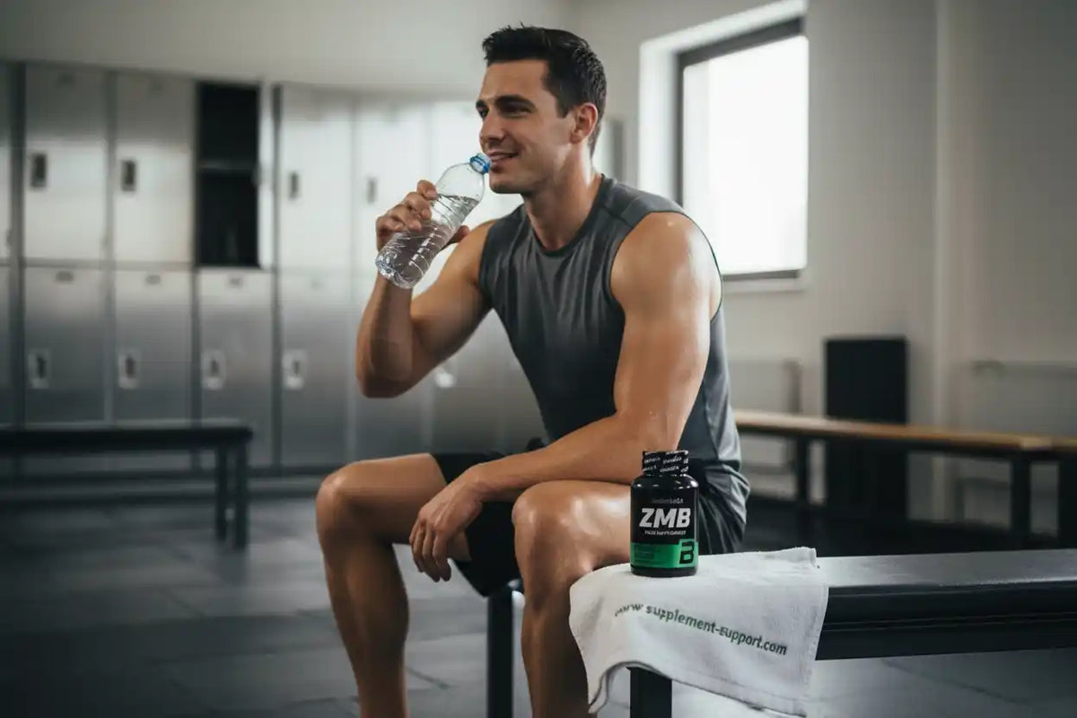 Muskulöser Mann trinkt Wasser im Fitnessstudio neben ZMB Sportnahrung