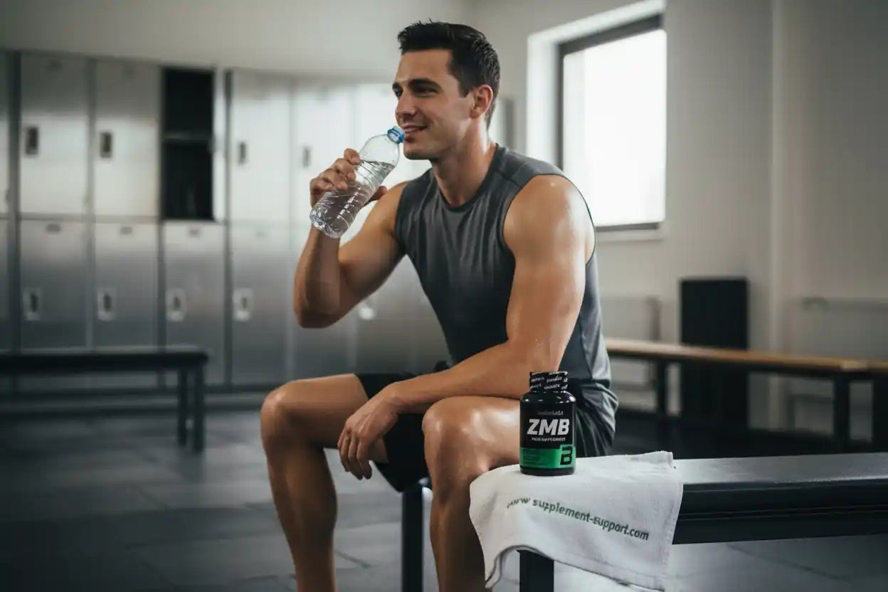 Muskulöser Mann trinkt Wasser im Fitnessstudio neben ZMB Sportnahrung