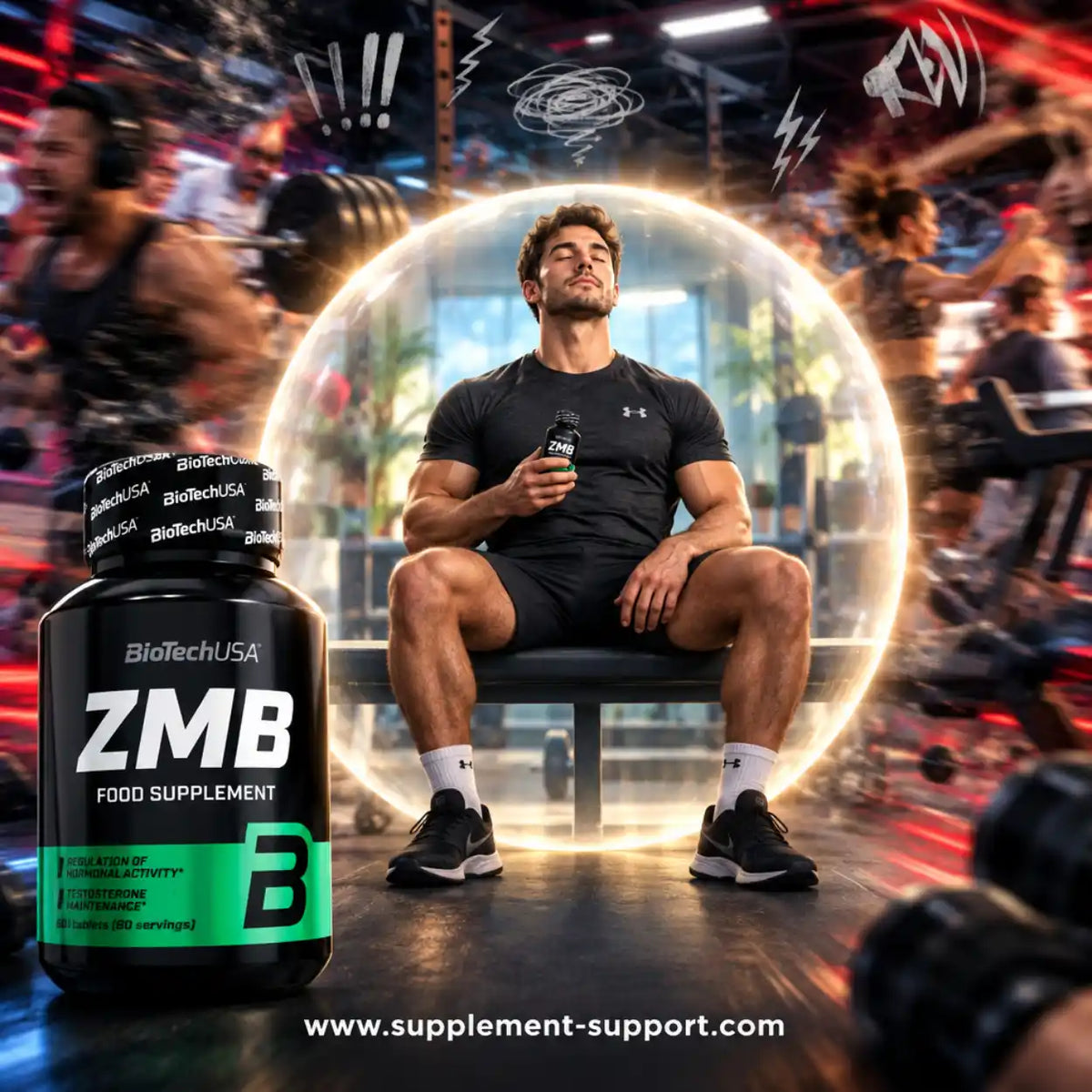 BioTech USA ZMB Nahrungsergänzungsmittel neben einem entspannten, muskulösen Mann im Fitnessstudio.