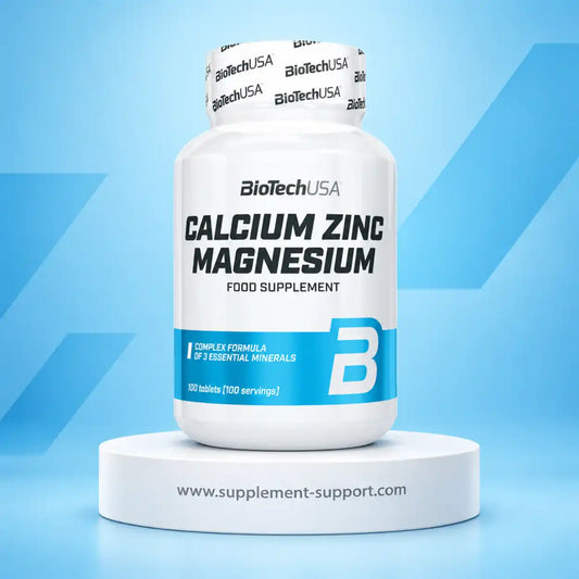 BioTech USA Calcium Zinc Magnesium Nahrungsergänzungsmittel, 100 Tabletten, weiße Dose auf blauem Grund