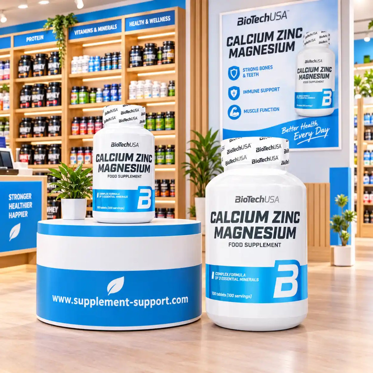BioTech USA Calcium Zinc Magnesium Nahrungsergänzungsmittel in einem Supplement-Shop.