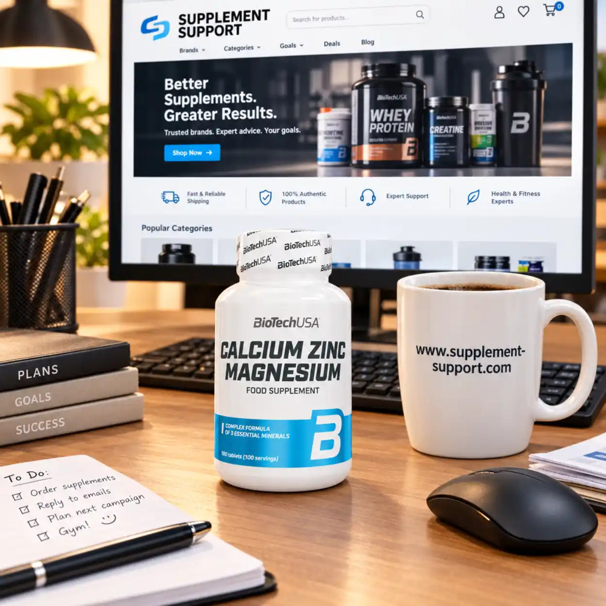BioTechUSA Calcium Zinc Magnesium Nahrungsergänzungsmittel auf einem Schreibtisch vor einem Monitor