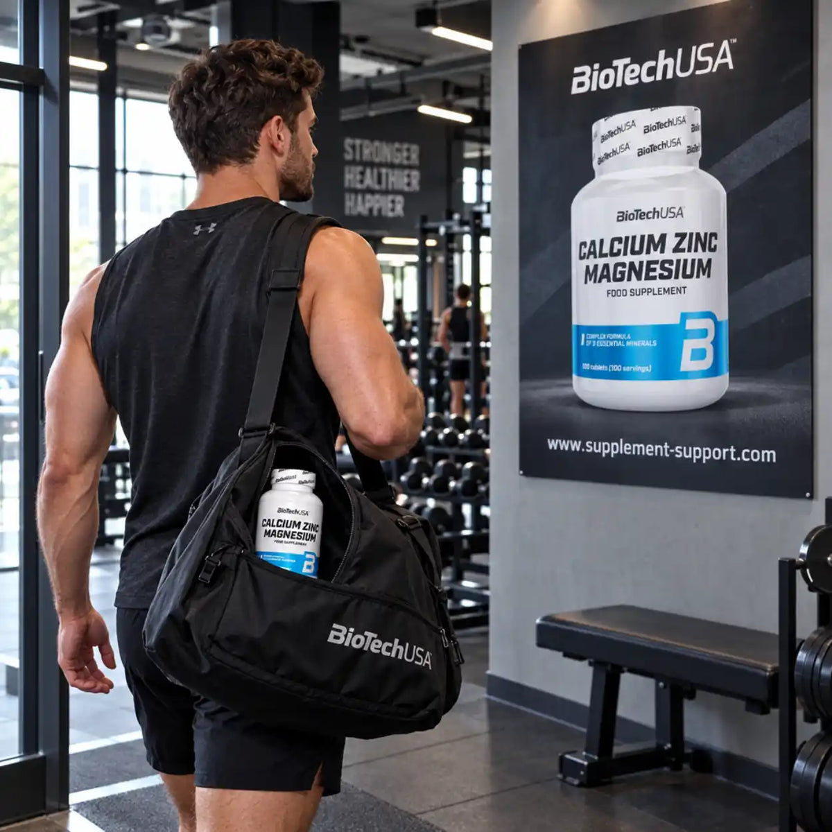 Muskulöser Mann im Fitnessstudio mit BioTech USA Calcium Zinc Magnesium Nahrungsergänzungsmittel.