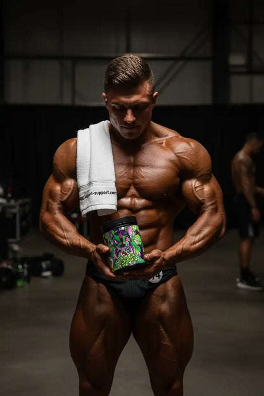 Muskulöser Bodybuilder hält eine Dose Sportnahrung in einem Fitnessstudio.