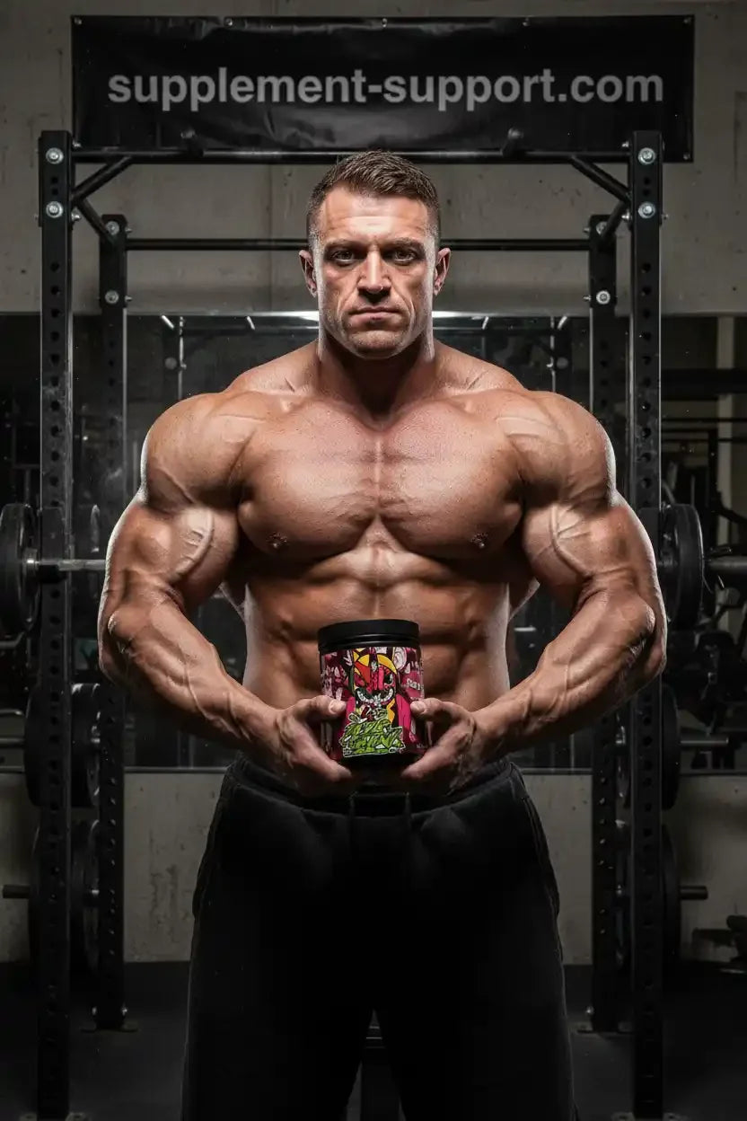 Muskulöser Bodybuilder hält Dose Sportnahrung in einem Fitnessstudio.