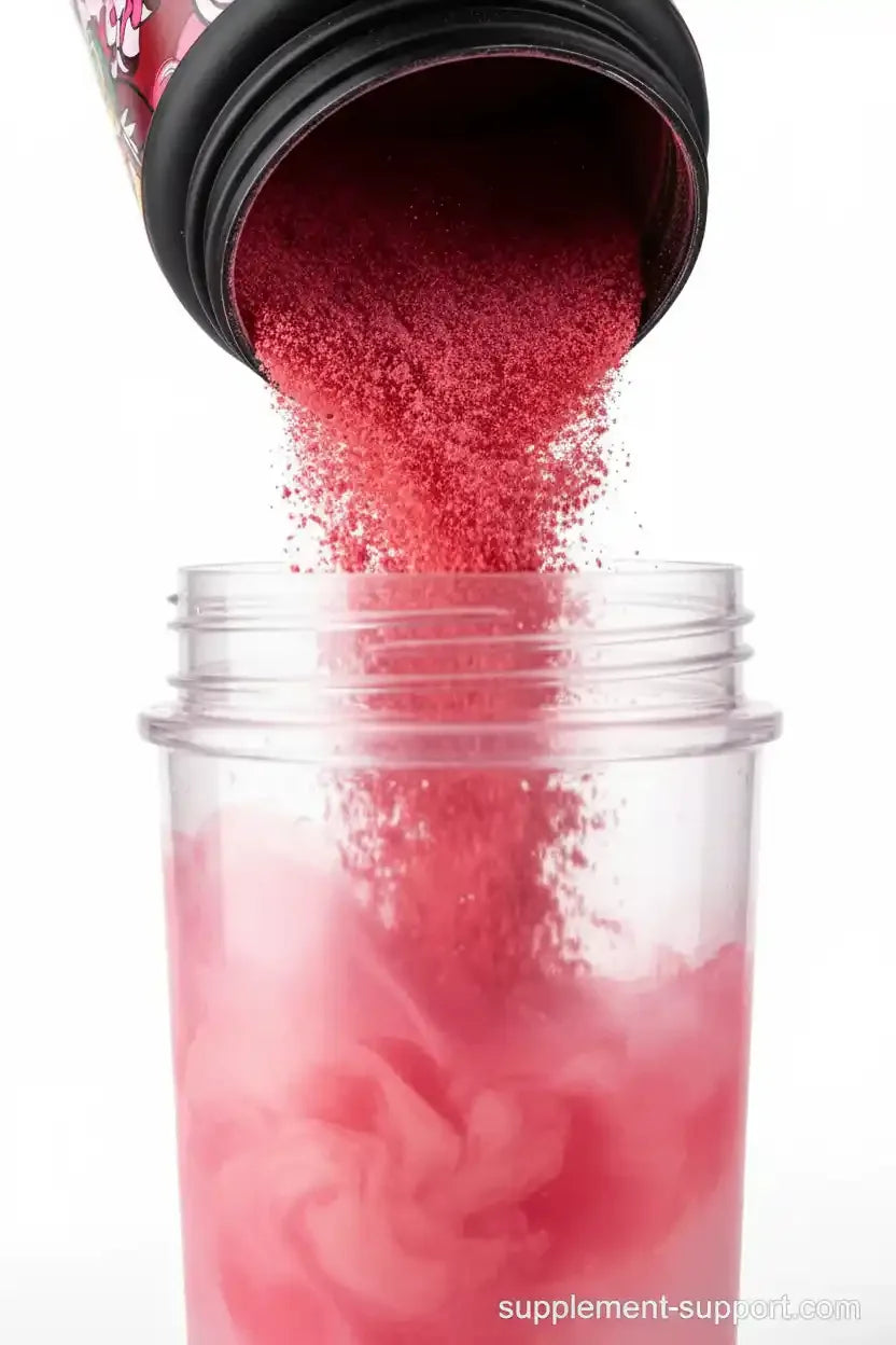 Rotes Nahrungsergänzungsmittel-Pulver wird in einen Kunststoffbecher mit Flüssigkeit gegossen.