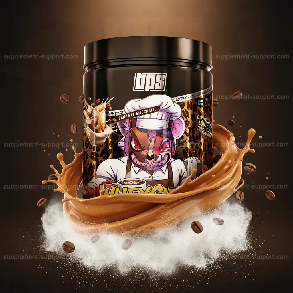 Whey Protein im Caramel Macchiato Geschmack mit Comic-Koch-Design und Karamell-Splash