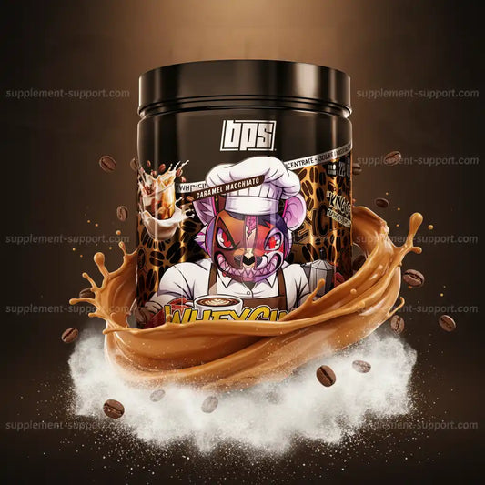 Whey Protein im Caramel Macchiato Geschmack mit Comic-Koch-Design und Karamell-Splash