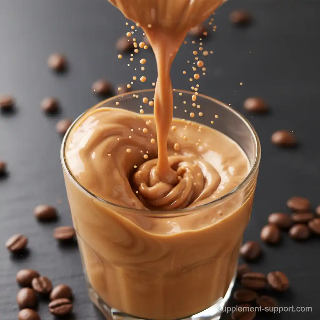 Cremiger Kaffee-Protein-Shake wird in ein Glas gegossen, umgeben von Kaffeebohnen