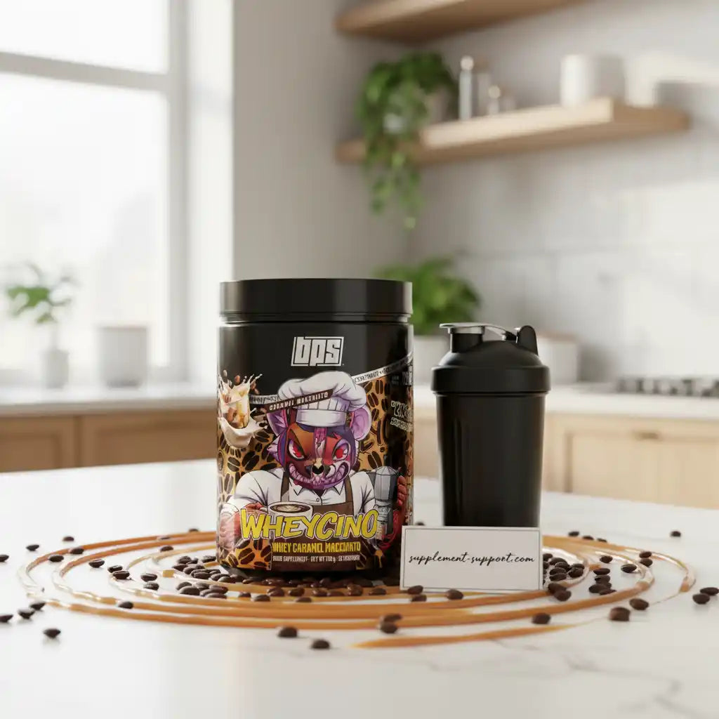 Wheyprotein-Dose 'Wheycino' Caramel Macchiato mit Shaker auf weißem Tisch mit Kaffeebohnen.