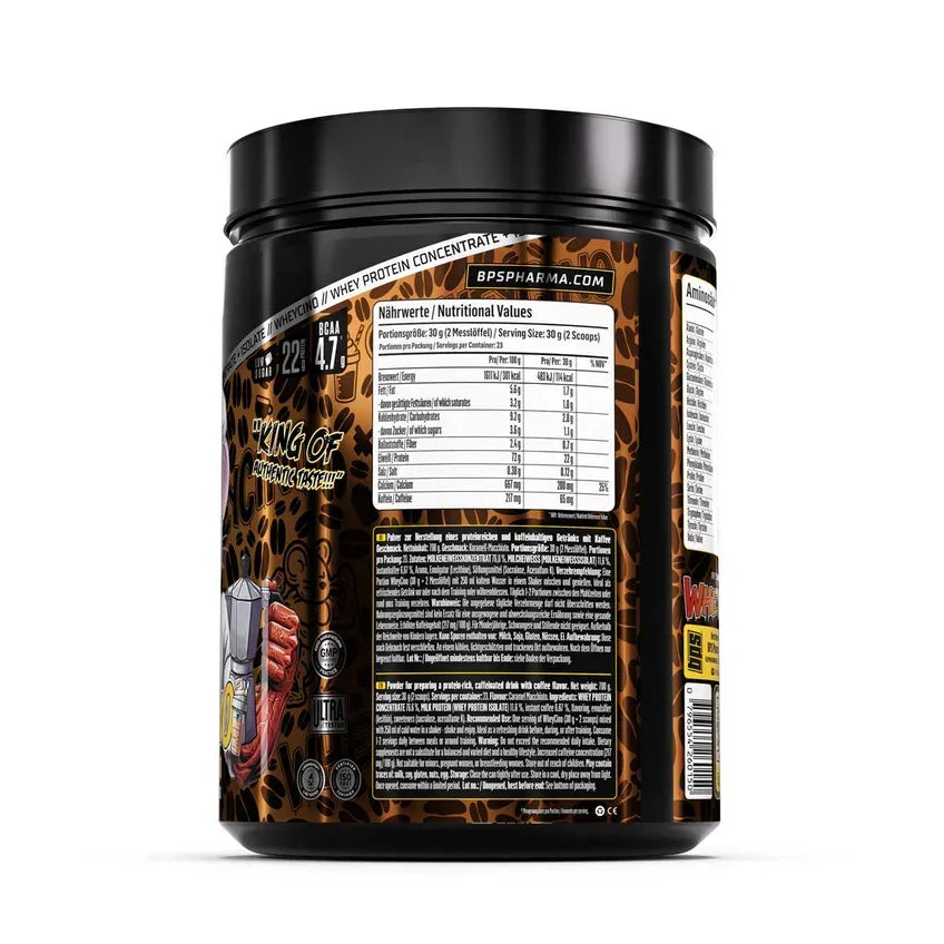Whey Protein Konzentrat mit Koffein-Geschmack, Nährwertangaben und BCAA 4,7g pro Portion
