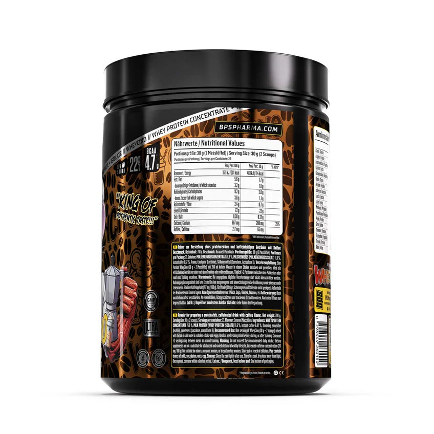 Whey Protein Konzentrat mit Koffein-Geschmack, Nährwertangaben und BCAA 4,7g pro Portion