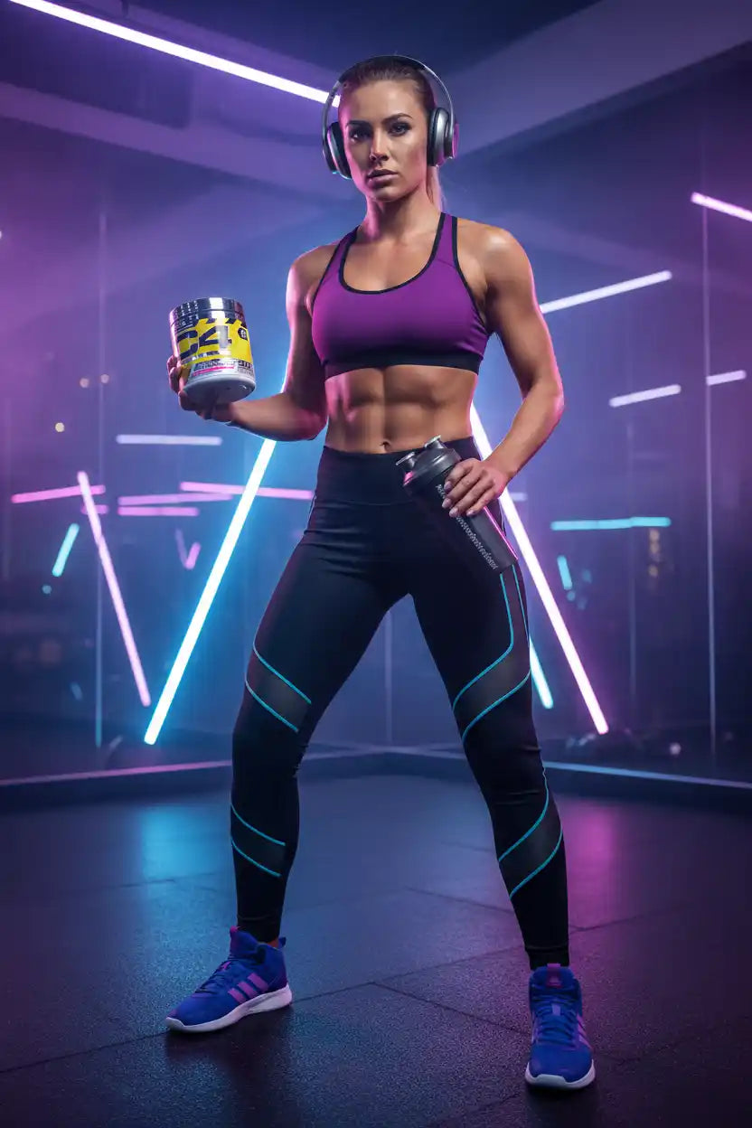Sportliche Frau im Fitnessstudio mit Protein-Supplement und Shaker