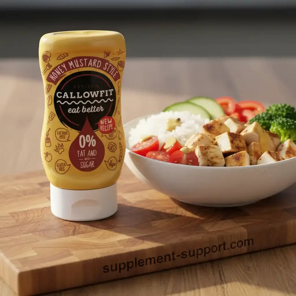 Callowfit Honig-Senf-Sauce neben einer Bowl mit Reis, Hähnchen und Gemüse auf einem Holzbrett.