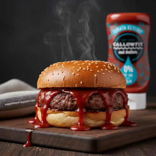 Saftiger Burger mit geschmolzenem Ketchup und einer Flasche CallowFit Ketchup im Hintergrund