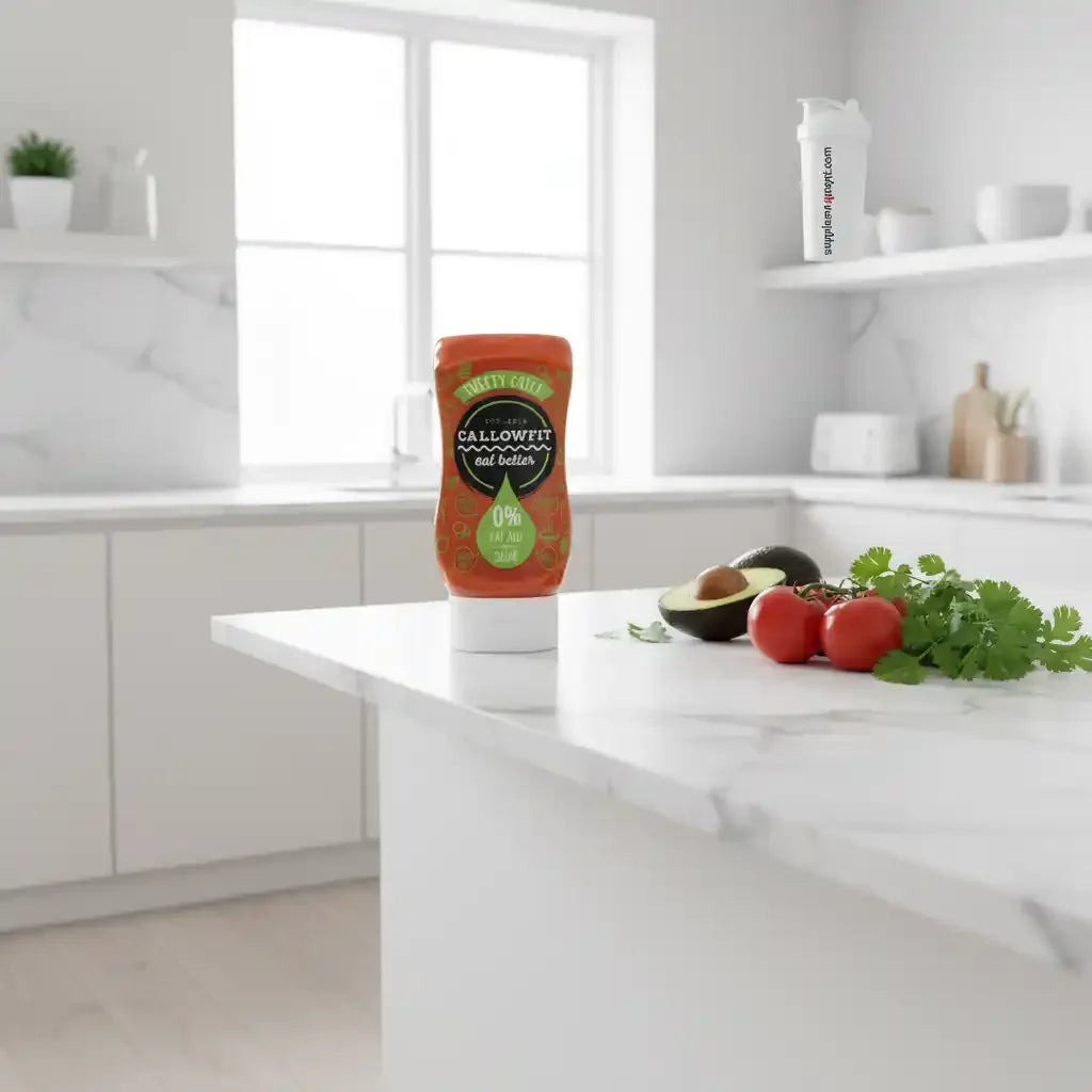 Eine Flasche Callowfit Nahrungsergänzung auf einer weißen Küchenarbeitsplatte mit Avocado und Tomaten.