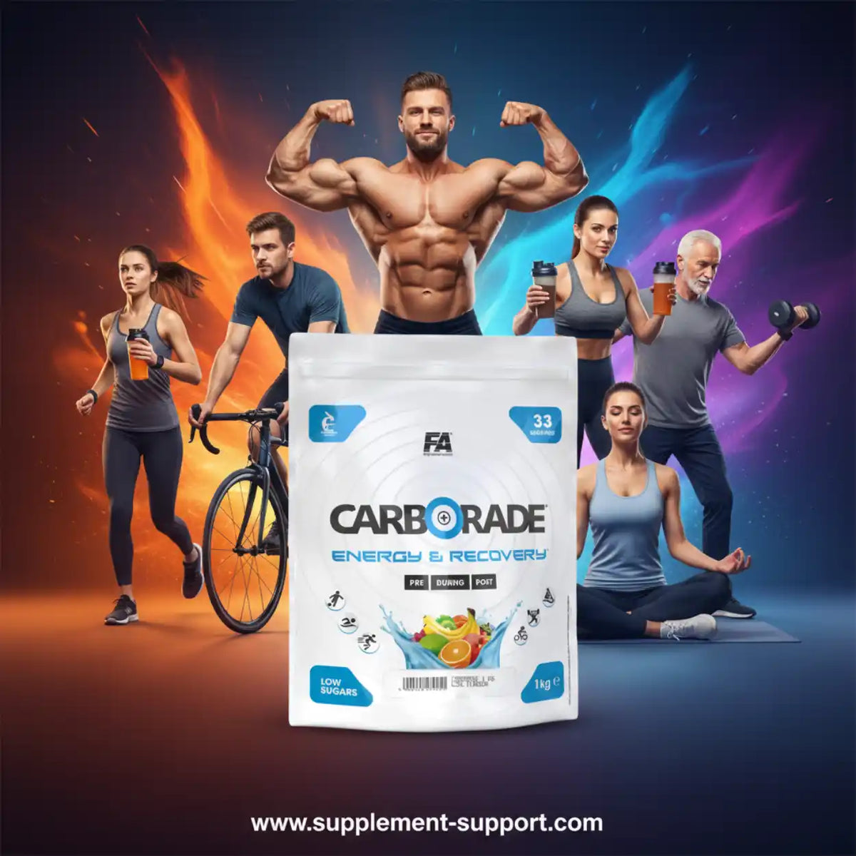 FA Nutrition CARBORADE Kohlenhydrat Pulver für Energie und Regeneration mit Sportlern im Hintergrund