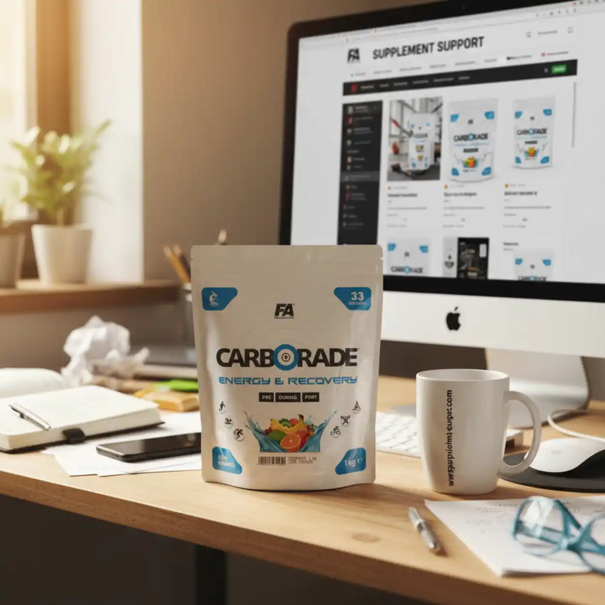 FA Nutrition Carborade Kohlenhydrat-Pulver auf einem Schreibtisch vor einem Monitor
