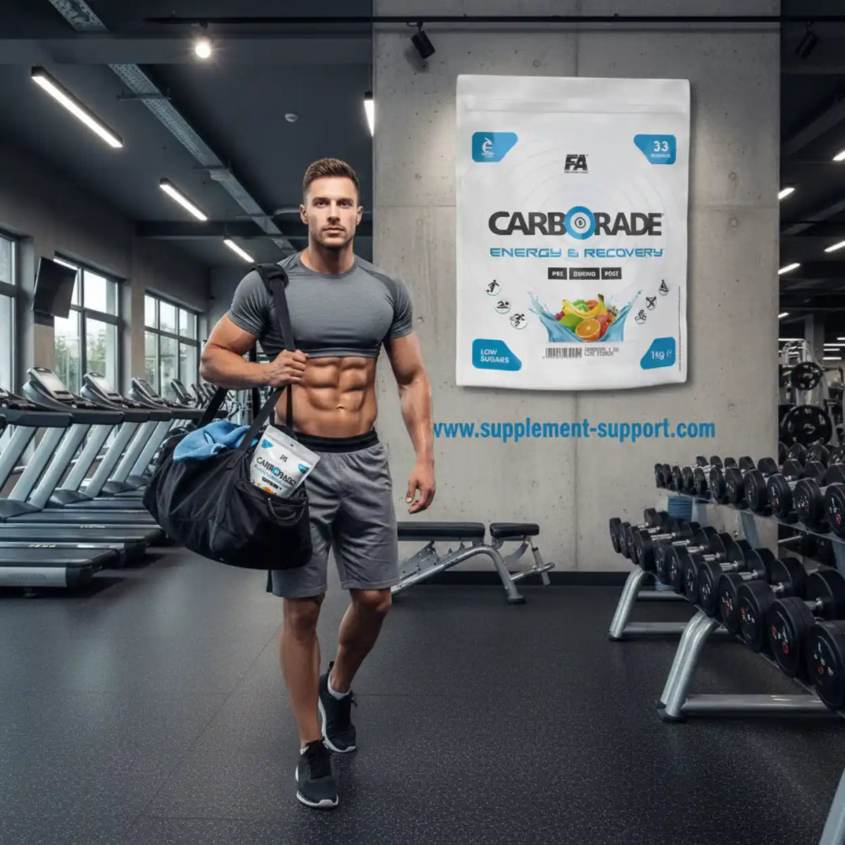 Muskulöser Mann im Fitnessstudio mit FA Nutrition CARBORADE Kohlenhydrat Pulver