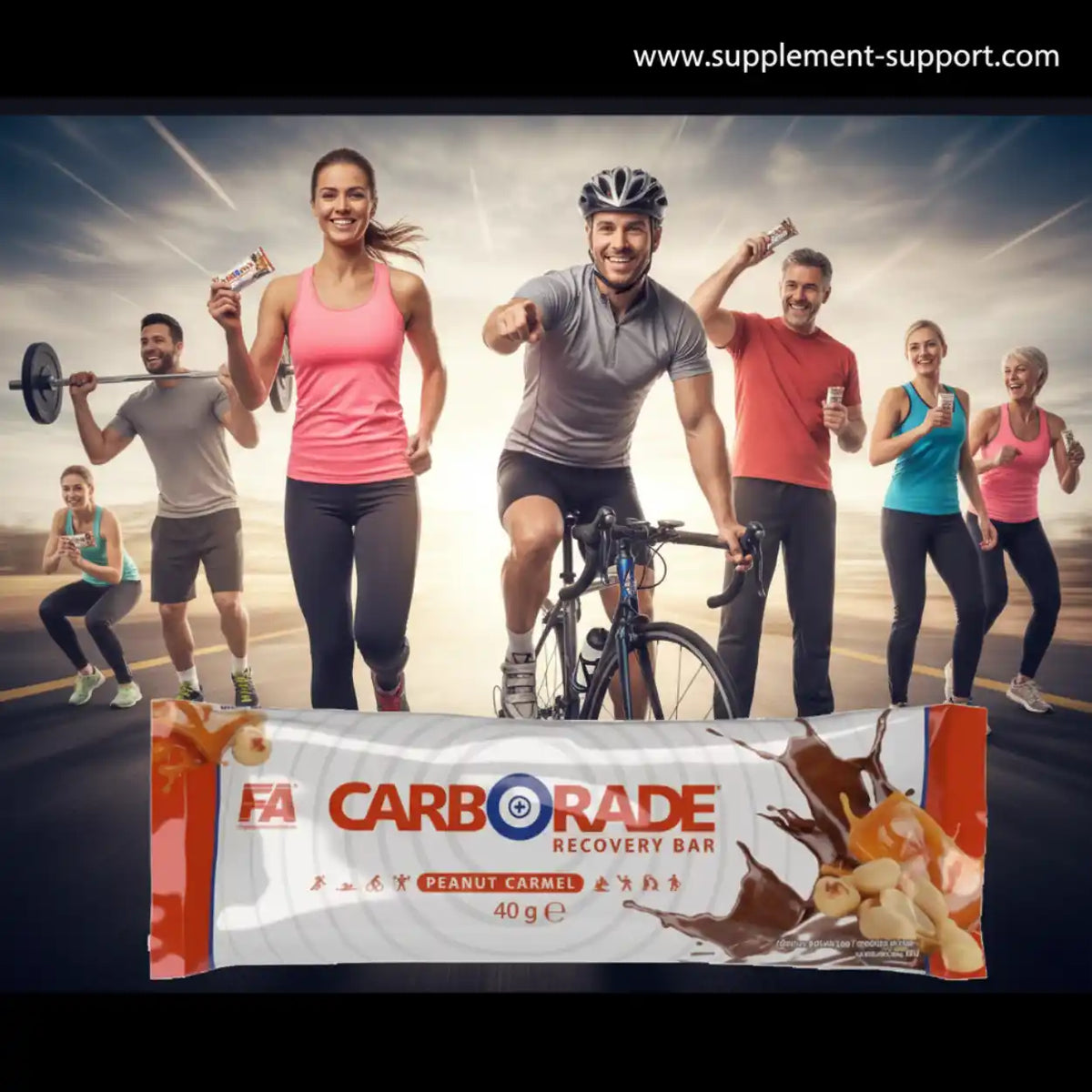 FA Nutrition Carborade Recovery Bar Peanut Carmel mit Sportlern im Hintergrund