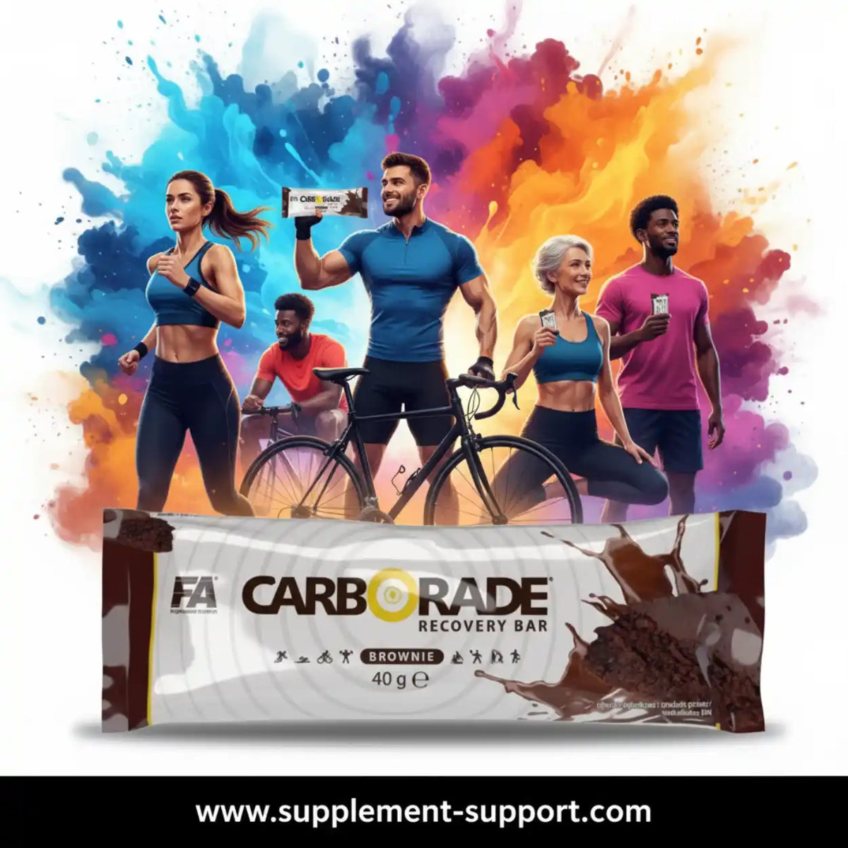 FA Nutrition Carborade Recovery Bar in Brownie Geschmack mit Sportlern vor farbigen Farbspritzern.