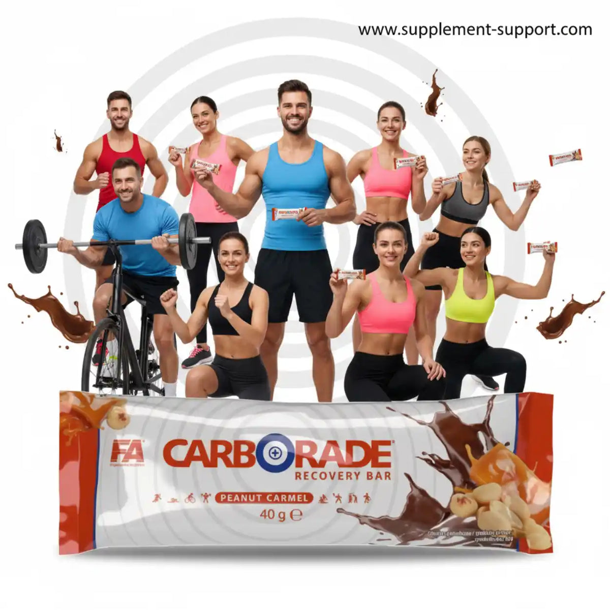 FA Nutrition Carborade Recovery Bar Peanut Caramel mit Sportlern im Hintergrund