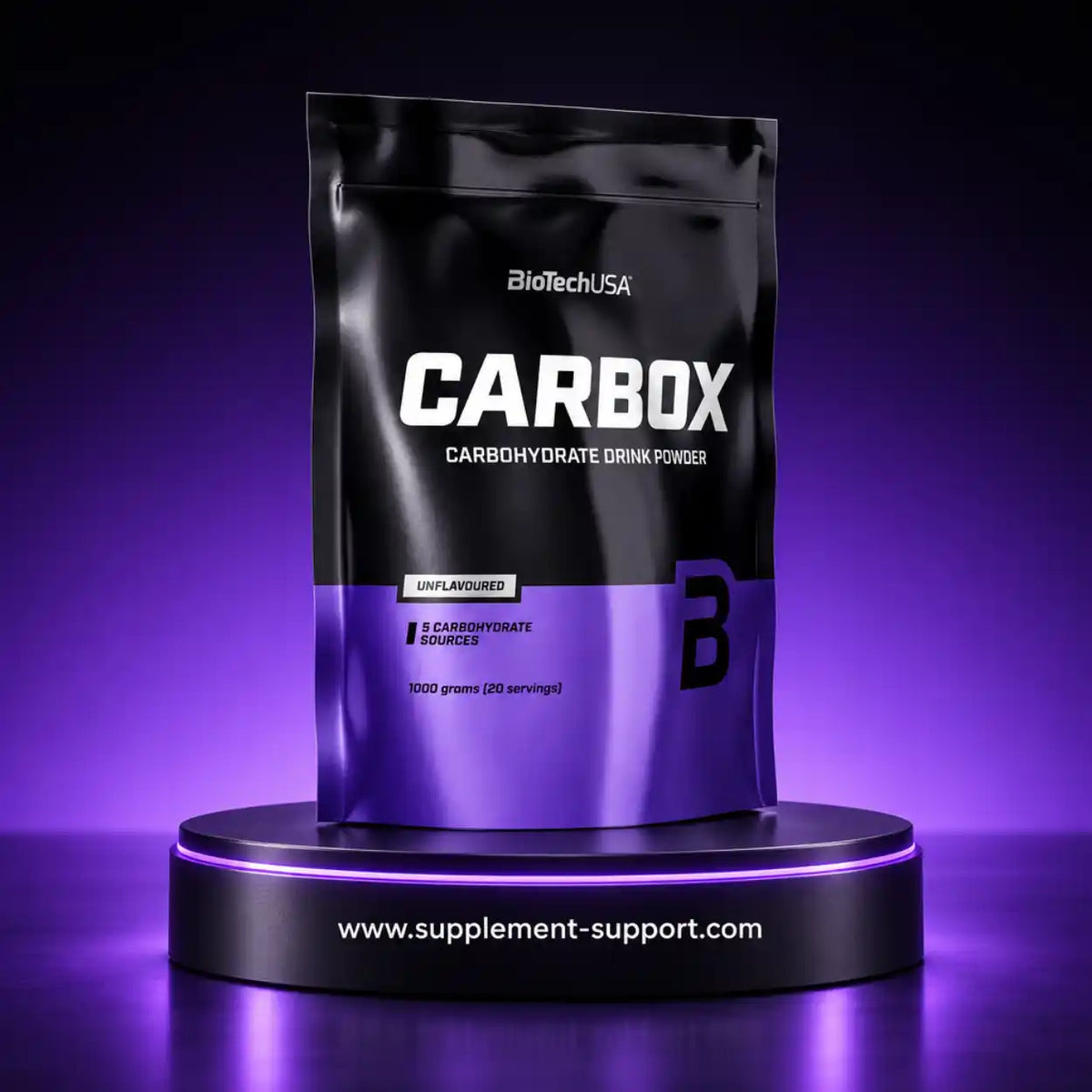 BioTech USA CARBOX Kohlenhydrat-Getränkepulver, geschmacksneutral, 1000g Packung auf violettem Hintergrund