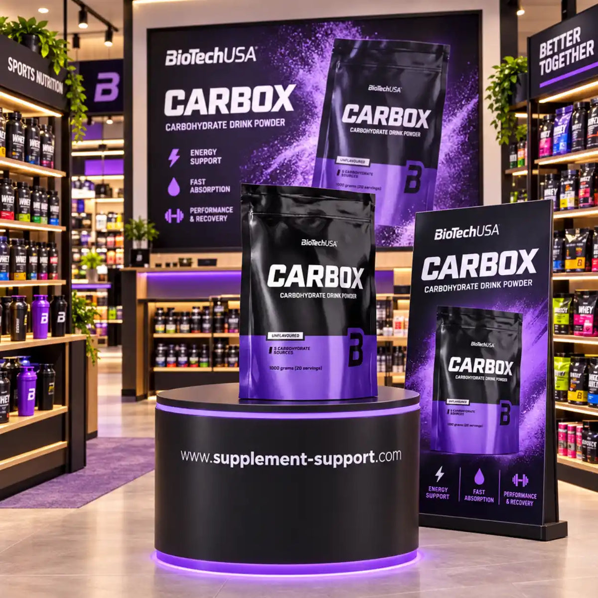 BioTech USA CARBOX Kohlenhydrat-Pulver in einem Sportnahrungsgeschäft.
