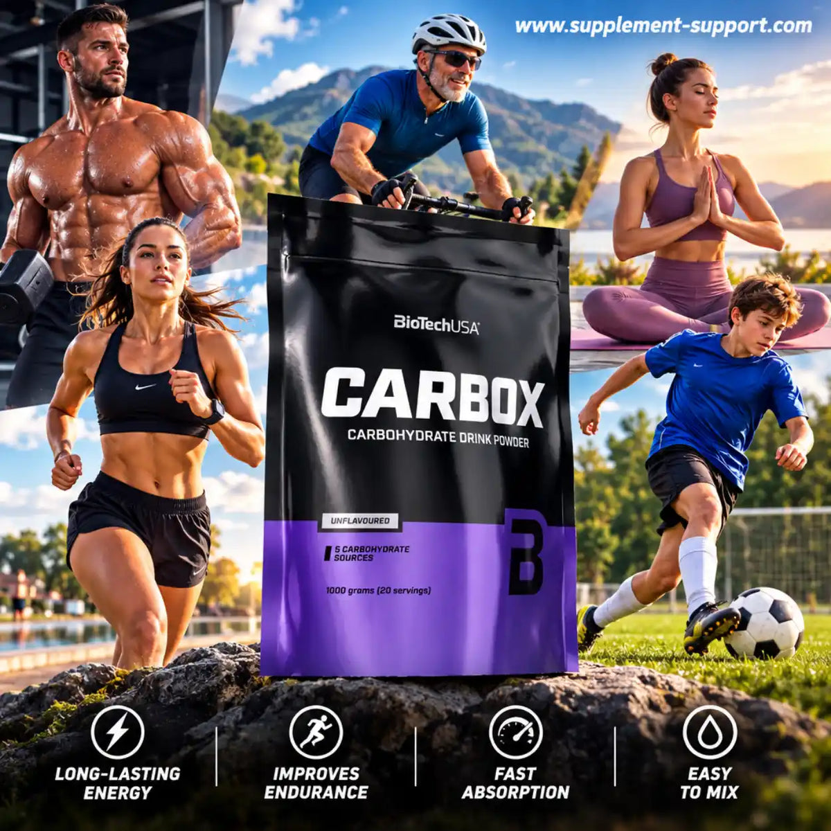 BioTech USA CARBOX Kohlenhydrat-Getränkepulver für Ausdauer und Energie bei verschiedenen Sportarten.