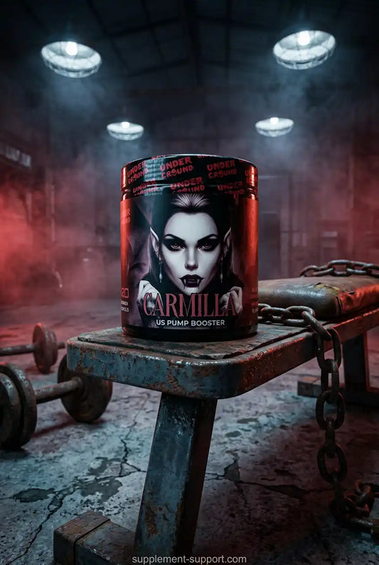 Undergrund Labs Carmilla US Pump Booster Dose auf einer rustikalen Hantelbank im Fitnessstudio