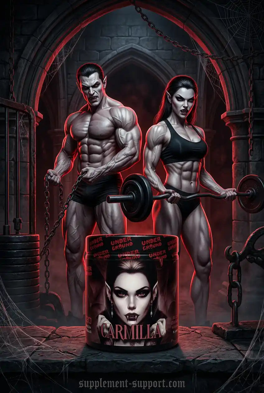 Undergrund Labs Carmilla Pump Booster Dose vor muskulösen Vampiren im Gothic-Gym.