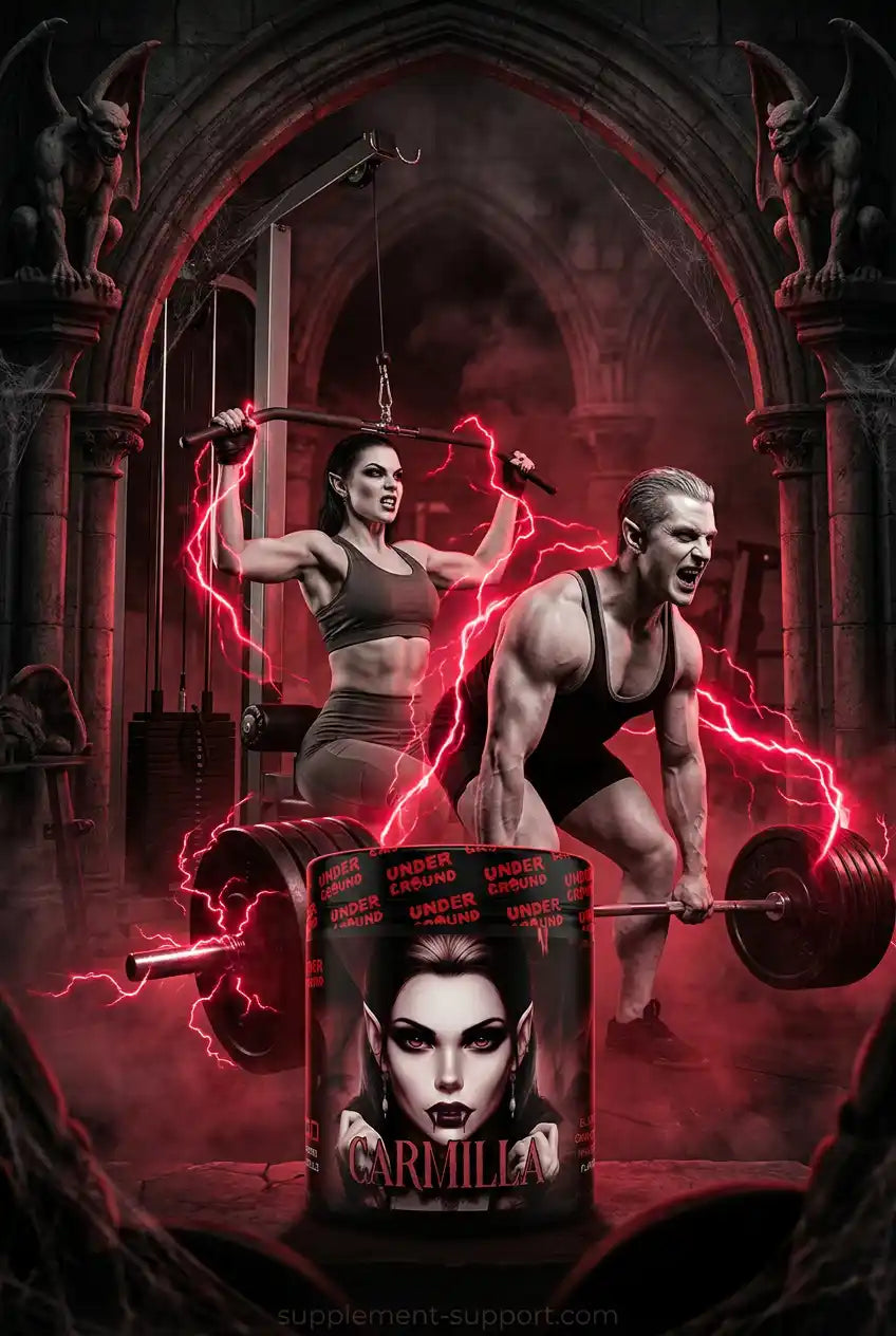 Undergrund Labs Carmilla Pump Booster Dose in düsterem Gothic-Gym mit muskulösen Vampiren.