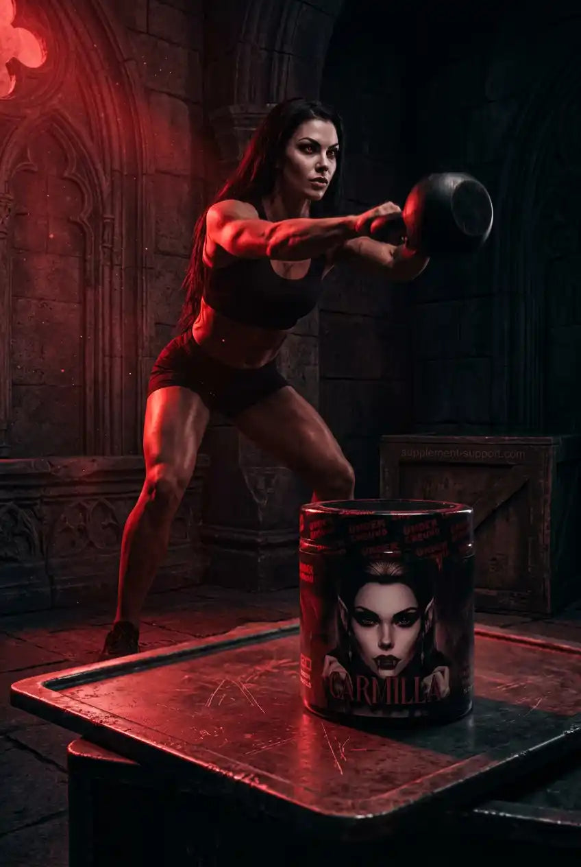 Muskulöse Frau trainiert mit Kettlebell neben einer Dose Carmilla Pump Booster von Undergrund Labs.