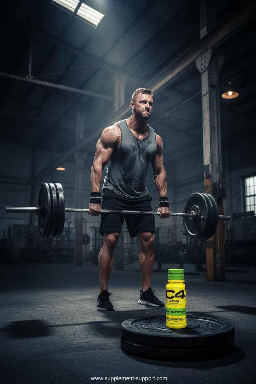 Muskulöser Mann trainiert mit Langhantel im Gym neben einer Flasche C4 Pre-Workout.