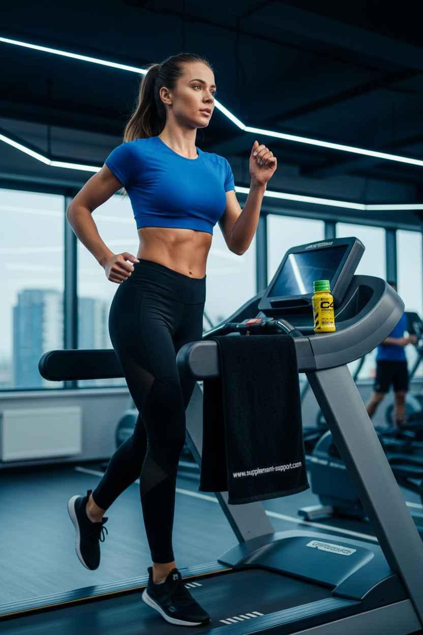 Sportliche Frau läuft auf einem Laufband im Fitnessstudio mit einer Dose Sportnahrung.