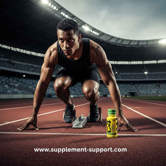 Muskulöser Sprinter in Startposition auf einer Laufbahn neben einer Dose C4 Pre-Workout.