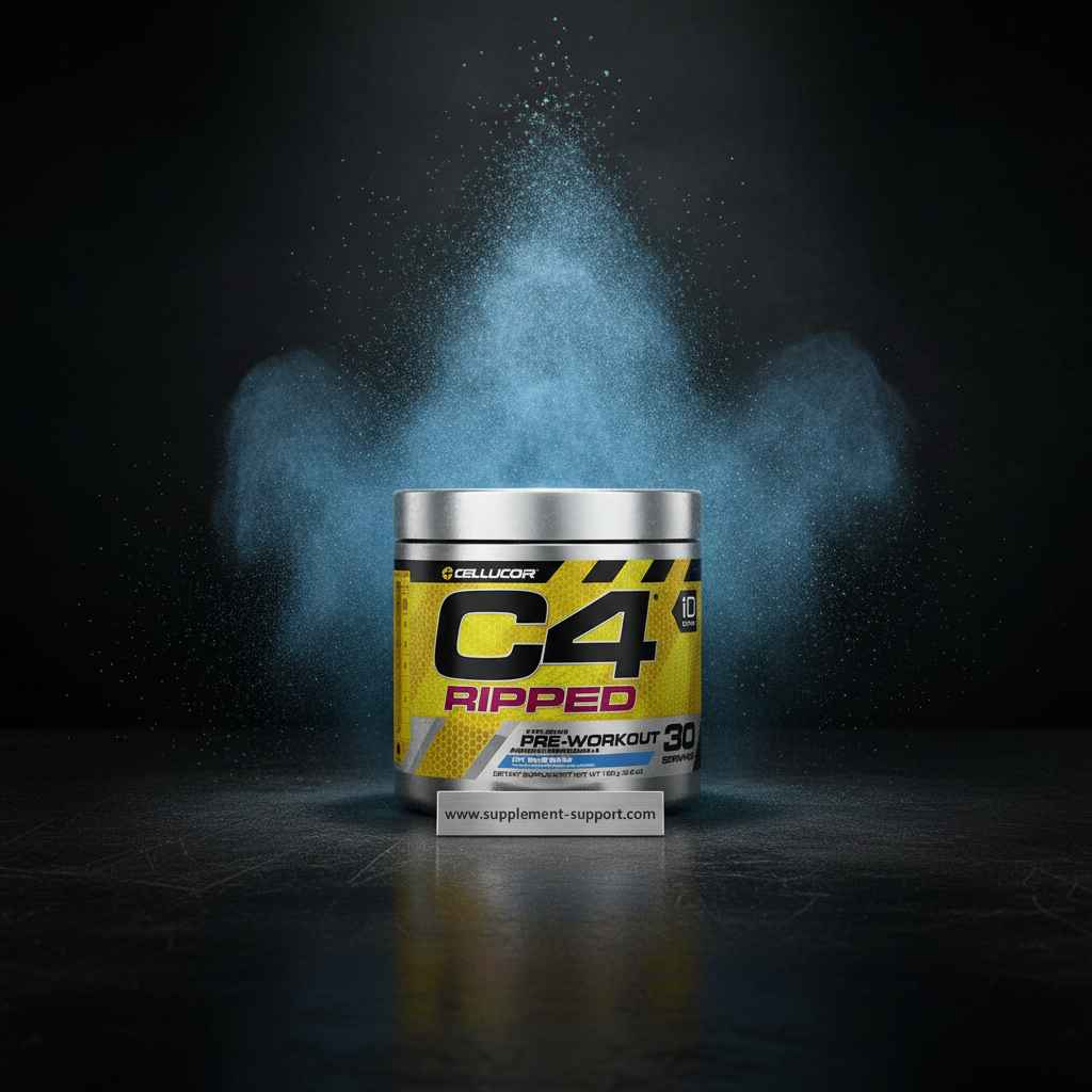 Cellucor C4 Ripped Pre-Workout Dose vor blauem Pulverhintergrund