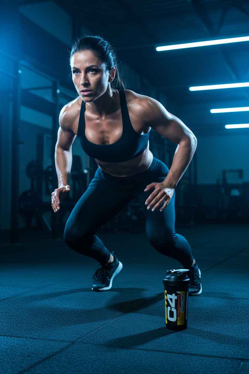 Sportliche Frau in Startposition im Fitnessstudio mit C4 Pre-Workout Shaker
