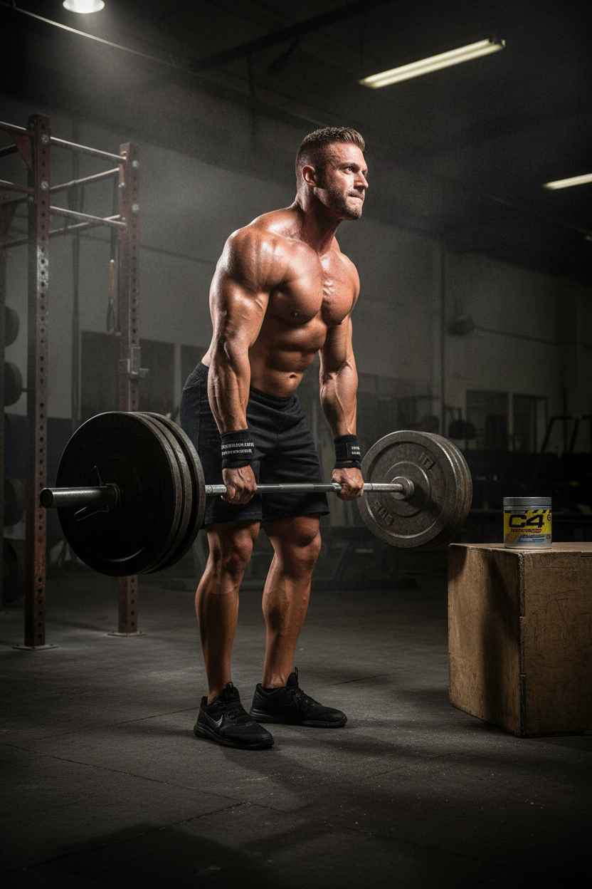 Muskulöser Mann macht Langhantel-Rudern im Fitnessstudio neben einer Dose C4 Pre-Workout.