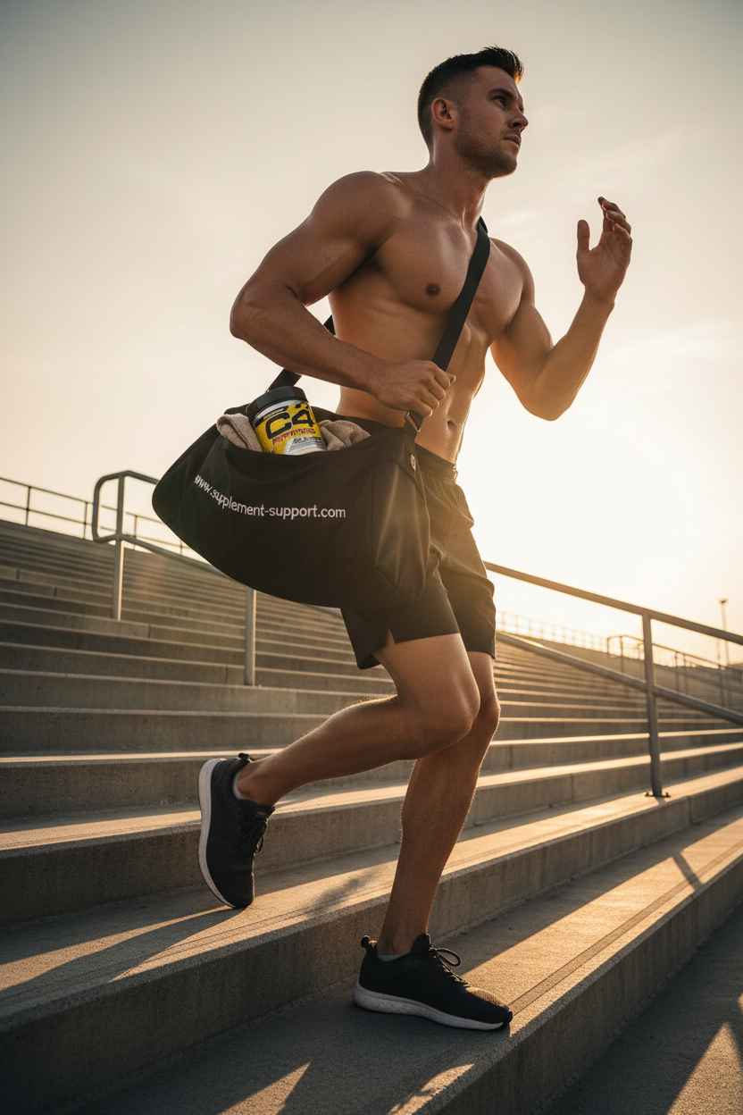 Muskulöser Mann läuft mit Sporttasche und Nahrungsergänzungsmitteln eine Treppe hoch.